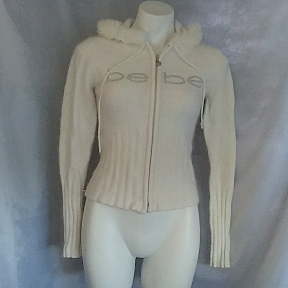Sexy Bebe white furry fall sweater S bling logo!